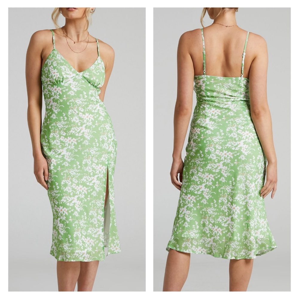 Showpo. Green Sabrine Midi Slip Dress with Side Slit in Whispering Floral